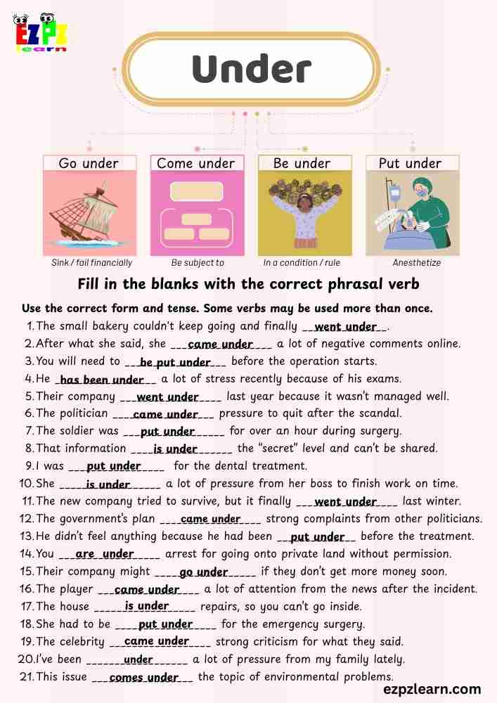 Phrasal Verbs with “Under” – 11 Sentences | ESL Worksheet | Free PDF Download